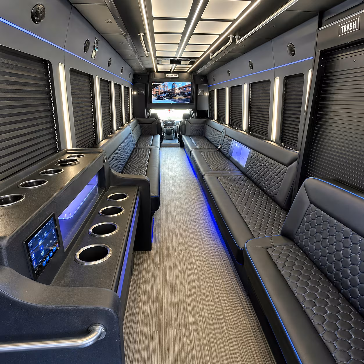 Passenger seating aboard a party bus rental serving Oceanside